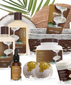 Bath and Body Gift Basket For Women and Men – 9 Piece Set of Vanilla Coconut Home Spa Set, Includes Fragrant Lotions, Extra Large Bath Bombs, Coconut Oil, Luxurious Bath Towel & More 34 81UiOmzR2hL