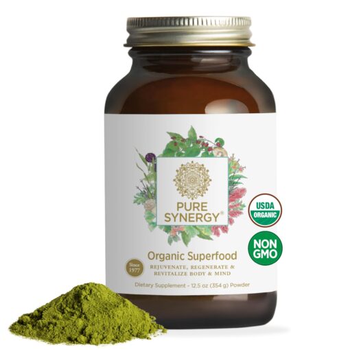 PURE SYNERGY Organic Superfood Powder | Organic Green Superfood Powder | Whole Food Supplement with Organic Greens, Spirulina and Mushrooms | For Energy, Healthy Aging, and Immune Health (12.5 ounces) 12.5 Ounce (Pack of 1)