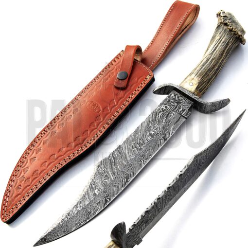 PAL 2000 KNIVES Crown Stag Horn Handle - Beautiful Sub-Hilt - Handmade Damascus Steel - Blade Knife With Sheath - (9236)