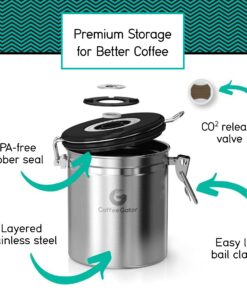 Coffee Gator Stainless Steel Coffee Grounds and Beans Container Canister with Date-Tracker, CO2-Release Valve and Measuring Scoop, Small, Gray 11oz 16 81VBz6pncfL