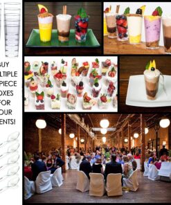 DLux 50 x 3 oz Mini Dessert Cups with Spoons, Shooter - Clear Plastic Parfait Appetizer Cup - Small Reusable Shot Glass for Tasting Party Shooters Desserts Appetizers - With Recipe Ebook 50 cups + 50 spoons 28 81VFlPYmJcL