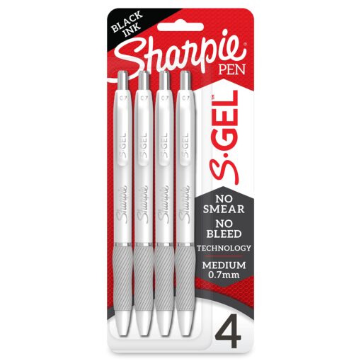 Sharpie S-Gel, Gel Pens, Medium Point (0.7mm), Pearl White Body, Black Gel Ink Pens, 4 Count 4 Count (Pack of 1) Gel Pen