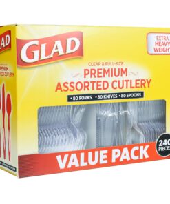 Glad Disposable Plastic Cutlery, Assorted Set | Clear Extra Heavy Duty forks, Knives, And Spoons | Disposable Party Utensils | 240 Piece Set of Durable and Sturdy Cutlery 240 Count (Pack of 1) Clear Assorted Cutlery 10 81VLt919LL