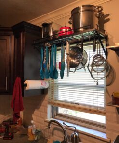 30" Wall mounted pots and pans rack. Pot holders wall shelves with 12 hooks. Kitchen shelves wall mounted with wall hooks. Kitchen storage pot holder pot rack. Pot pan organizer. Pot Pan rack. 30 81VWs1erjuL