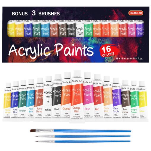 Shuttle Art Acrylic Paint Set, 16 x12ml Tubes Artist Quality Non Toxic Rich Pigments Colors Great for Kids Adults Professional Painting on Canvas Wood Clay Fabric Ceramic Crafts 16 Colors With 3 Brushes