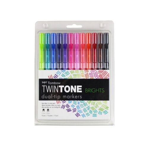 Tombow 61500 Twintone Marker Set, Bright, 12-Pack. Double-Sided Markers for Bold and Precise Writing