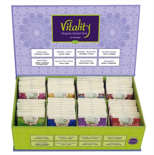 Adanim Bio Vitality Organic Tea Sampler Gift Set Box (8 Flavors Herbal Tea Variety Pack, 64 Individual Tea Bags) Caffeine Free Tea Sets, Assorted Tea Set, Tea Gifts for Tea Lovers Women Vitality Gift Box - Assorted Flavors