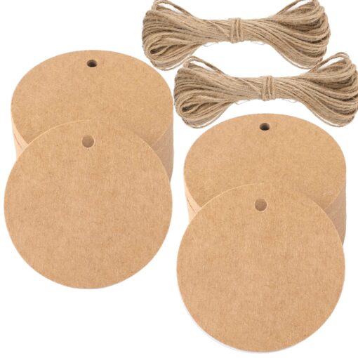 G2PLUS 100PCS Kraft Paper Gift Tag with String,2'' Round Paper Tags Blank Hang Tags Brown Circle Tags with Holes for Craft Projects, Xmas Gift, DIY Wedding Favor Bag Brown-100pcs