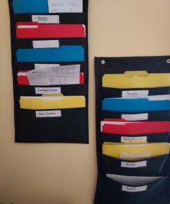 Organization Pocket Chart, Wall File Organizer Folder with 5 File Pockets, 5 Dry-Erase Name Cards Plus 2 Over Door Hooks, 14 X 28 inch 5 Pockets(14” x 28”) Nylon Pockets 15 81VvyeIwdfL