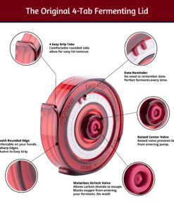 Alternative view of Fermenting Lids for wide mouth mason jars. 4 waterless airlock fermentation lids kit. Easy Grip fermenter lid with Oxygen Pump automatically Vents air. Tracks ferment date. (4 Lids + Pump)
