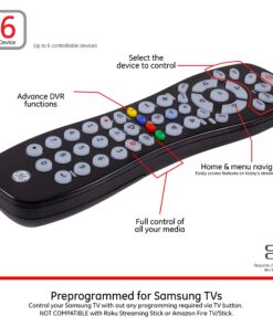 GE Universal Remote Control for Samsung, Vizio, Lg, Sony, Sharp, Roku, Apple TV, TCL, Panasonic, Smart TVs, Streaming Players, Blu-Ray, DVD, 6-Device, Black, 34459 13 81W5FmJCmgL
