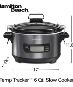 Hamilton Beach Portable 6 Quart Set & Forget Digital Programmable Slow Cooker with Lid Lock, Temperature Probe, Dishwasher Safe Crock & Lid, Black Stainless (33866) Temp Tracking Temperature Probe 21 81WAoMEz8QL