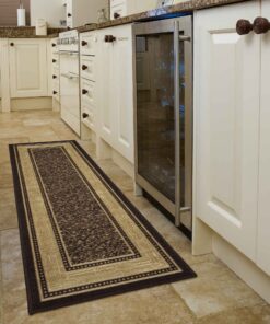 Ottomanson Machine Washable Bordered Design Non-Slip Rubberback 2x5 Traditional Runner Rug for Hallway, Kitchen, Bedroom, Entryway, 20" x 59", Brown Border Dark Brown Runner - 20" x 59" 18 81WFFarioJL