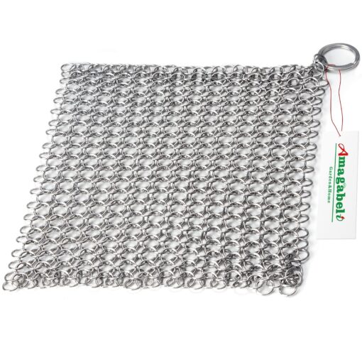 Amagabeli Cast Iron Cleaner 8"x6" Rectangle Chain Metal Scrubber with Hanging Ring 316 Premium Stainless Steel Chainmail Scrubber for Skillet,Wok,Pot,Pan CS03 8"x6"