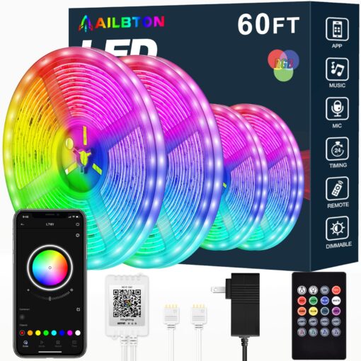 AILBTON Led Strip Lights,60ft Music Sync Color Changing, Built-in Mic,Bluetooth App Control LED Tape Lights with Remote,5050 RGB Rope Light Strips 60FT