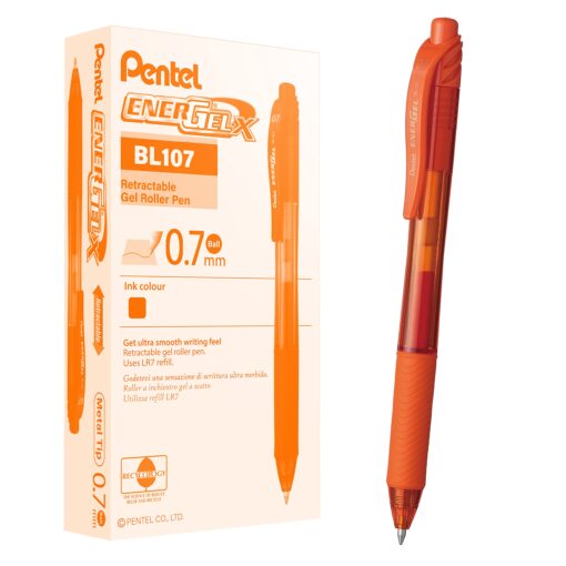 Pentel EnerGel-X Retractable Liquid Gel Pen (0.7mm) Metal Tip, Orange Ink, Box of 12 (BL107-F) 0.7mm 12 Count (Pack of 1)