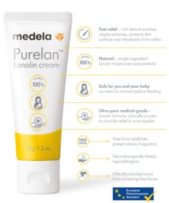 Medela Purelan Lanolin Nipple Cream for Breastfeeding, 100% All Natural Single Ingredient, Hypoallergenic, Soothing Protection, Safe for Nursing Mom and Baby, 1.3 Ounce Tube 18 81WULlK1h2L
