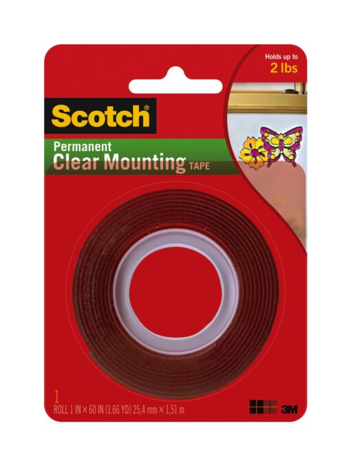 Scotch Mounting, Fastening & Surface Protection Permanent Clear Mounting Tape, holds up to 2 pounds, 1" x 60", 1 Roll, Model:4010 1"x60"