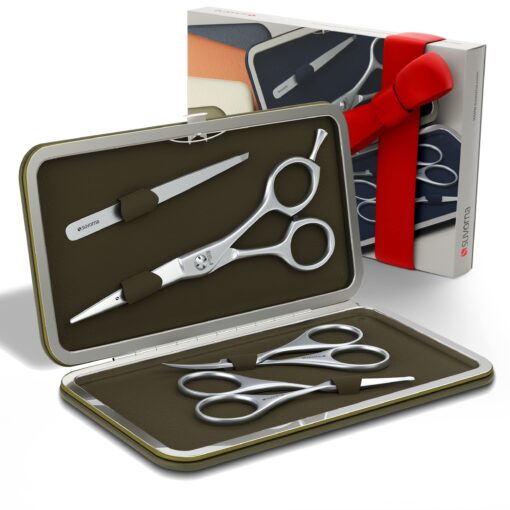 Suvorna Premium Beard & Mustache Scissors Set/Kit with Beard scissors for men - Grooming Scissors men/Facial Hair Scissors/Nose scissors - Eyebrow Scissors - Slant Tweezers (4 Pcs green) Brown Green