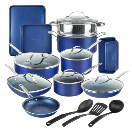 Granitestone 20 Pc Pots and Pans Set Non Stick Cookware Set, Kitchen Cookware Sets, Pot and Pan Set, Pot Set, Diamond Coated Nonstick Cookware Set with Lids+Utensils, Non Toxic, Dishwasher Safe, Blue 20 Pc Cookware + Utensils Set