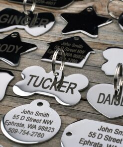 GoTags Stainless Steel Pet ID Tags, Personalized Dog Tags and Cat Tags, up to 8 Lines of Custom Text, Engraved on Both Sides, in Bone, Round, Heart, Bow Tie and More Regular (Pack of 1) 24 81WjYER hBL 1