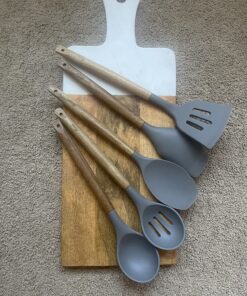 Miusco Non-Stick Silicone Kitchen Utensils Set with Natural Acacia Hard Wood Handle, 5 Pieces, Grey, BPA Free, Baking, Serving and Cooking Utensils Gray 35 81WoRSyKqAL