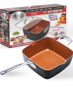 Gotham Steel Nonstick Square Deep Frying Pan, 9.5” Large Cooking Pan with Ceramic Nonstick Coating, 4 Pc Titanium Ceramic with Lid, Basket & Steamer Tray, Dishwasher Safe 34 81Woe9P7Q3L