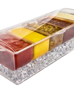 Ice Chilled 5 Compartment Condiment Server Caddy - Serving Tray Container with 5 Removable Dishes with Over 2 Cup Capacity Each and Hinged Lid | 3 Serving Spoons + 3 Tongs Included 29 81X0hVgyx1L