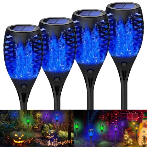 Solar Tiki Torches Christmas Lights with Flickering Flame Outdoor Halloween Decoration Torch Light Waterproof Landscape Decor Mini 4 Pack Lamp for Yard, Patio, Garden, Porch, Backyard Blue 4 Pack