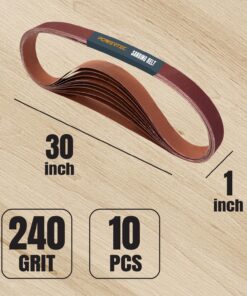 POWERTEC 1 x 30 Inch Sanding Belts, 240 Grit Aluminum Oxide Belt Sander Sanding Belt for WEN 6515T/ Bucktool Belt and Disc Sander, Woodworking, Metal Polishing, Knife Sharpening, 10PK (111350) 1''x30'', 240 Grit 9 81X3R NfmUL