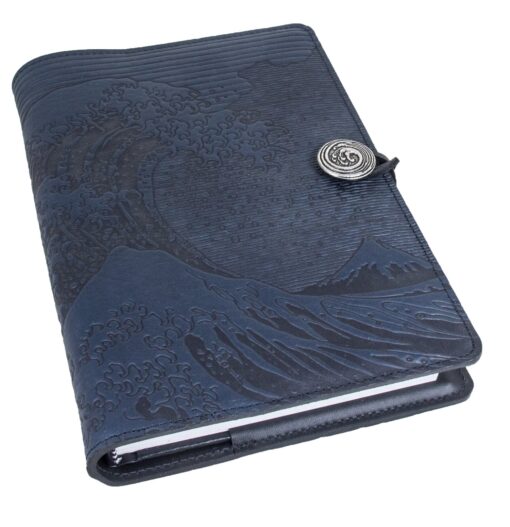 Oberon Design Genuine Leather Refillable Journal Cover with a Hardbound Blank Insert, 6x9 Inches, Hokusai Wave, Navy with a Pewter Button, Made in the USA