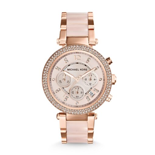 Michael Kors Parker Women's Watch, Stainless Steel and Pavé Crystal Watch for Women with Steel, Leather, or Silicone Band Blush/Rose gold