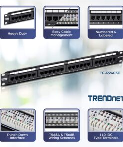 TRENDnet 24-Port Cat5-5e RJ-45 UTP Unshielded Patch Panel, Wallmount or Rackmount, 100Mhz, Color-Coded Labeling, Cat5,Cat5e,Cat4,Cat3 Compatible, 1U Rackmount, Black, TC-P24C5E 20 81XLHAOiwDL