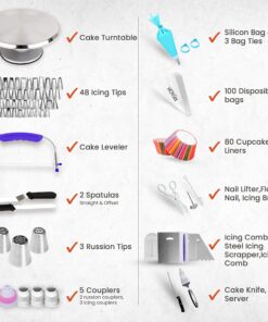 Alternative view of RFAQK 250 PCs Aluminum Cake Decorating Tools Kit with 12" Metal Turntable & Knife set-48 Numbered Icing Tips-3 Russian Piping Nozzles-Straight & Angled Spatula-Cake Leveler& Baking Supplies Tools