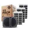 Freshware Meal Prep Containers [15 Pack] 2 Compartment with Lids, Food Storage Containers, Bento Box, BPA Free, Stackable, Microwave/Dishwasher/Freezer Safe (28 oz), Black 2-Compartment, 15-Pack, Black