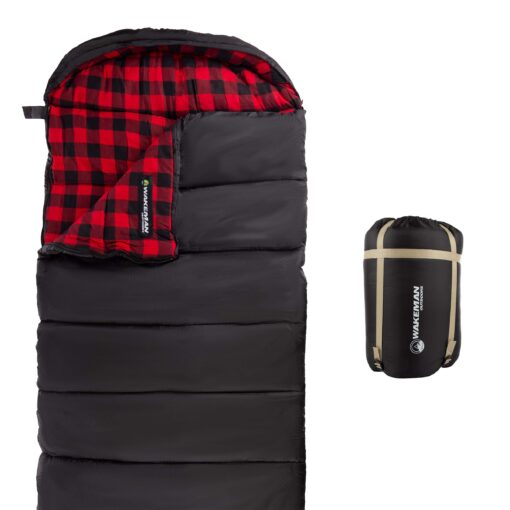 XL Sleeping Bag - 32F Comfort Rated 3-Season Envelope-Style Sleep Bag with Hood for Backpacking, Hiking, and Camping by Wakeman Black, Red Plaid