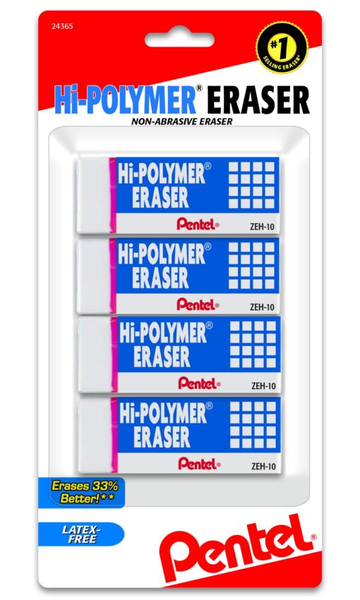 Pentel® Hi-Polymer Erasers, White, Pack of 4 4 Count (Pack of 1) Large Block Eraser