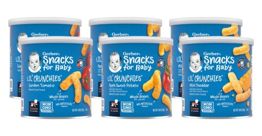 Gerber Lil Crunchies Variety Pack, 2 Garden Tomato, 2 Apple Sweet Potato, 2 Mild Cheddar, 1.48 OZ each (6 CT) Variety Pack (3 Flavors) Pack of 6