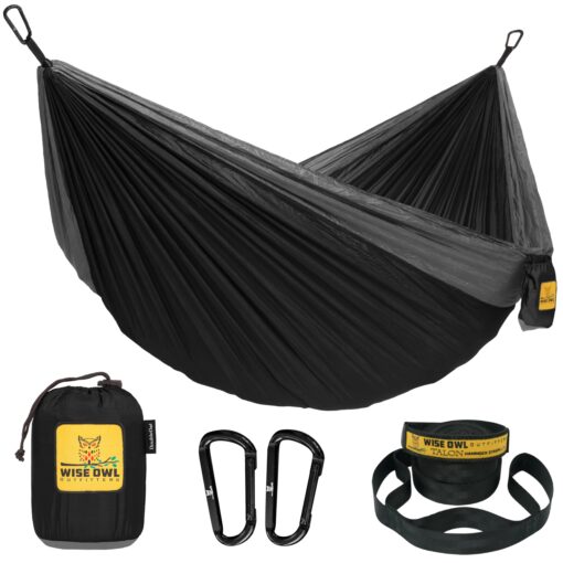 Wise Owl Outfitters Camping Hammock - Camping Essentials & Camping Gifts, Portable Hammock Single or Double Hammock for Outdoor, Indoor w/Hammock Straps Black & Grey Medium