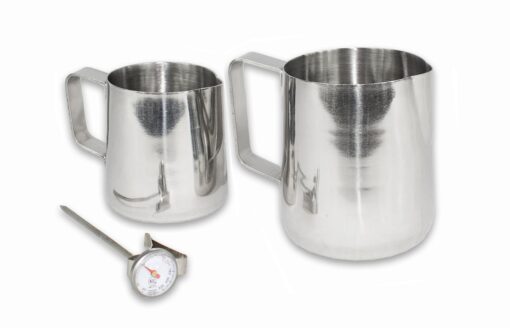 CucinaPrime Commercial Stainless Steel Frothing Pitcher Set with Thermometer (14 Ounce and 20 Ounce Frothing Pitchers)