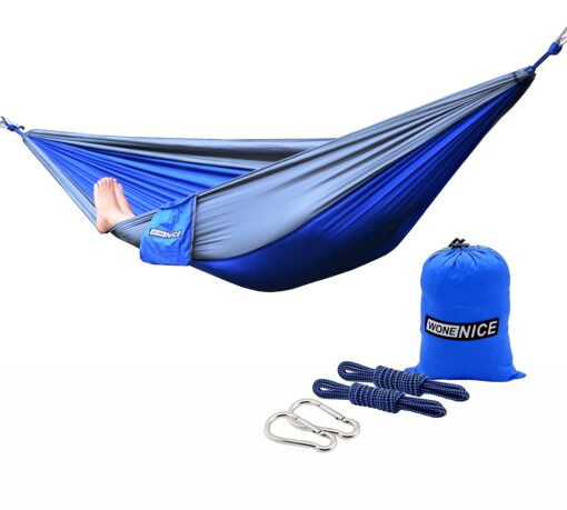 WoneNice Camping Hammock - Portable Lightweight Double Nylon Hammock, Best Parachute Hammock with 2 x Hanging Straps for Backpacking, Camping, Travel, Beach, Yard and Garden Blue/Grey