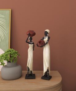 Deco 79 Polystone Woman Standing African Sculpture with Red Water Pots and Black Base, Set of 2 16"H, 4"W, Cream 28 81XbAJTop9L