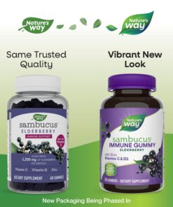 Nature's Way Sambucus Elderberry Immune Gummies, Daily Immune Support for Kids and Adults*, with Vitamin C, Vitamin D3, Zinc, Gluten Free, Vegetarian, 60 Gummies (Packaging May Vary) 60 Count (Pack of 1) Elderberry Gummies, 60ct 23 81Y8MKlkZXL 1