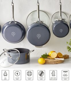 Martha Stewart Lockton Premium Nonstick 10 Piece Enamel Heavy Gauge Aluminum Pots and Pans Cookware Set - Grey 10-Piece Nonstick Set Gray 10 81YBE4XdFVL