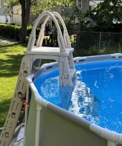 Confer Plastics 7200 Roll Guard 48" to 56" Adjustable A Frame Safety Ladder for Above Ground Outdoor Patio Swimming Pool Platform Ladder with Step Barrier, Warm Grey 52 81YBJ3s0u8L