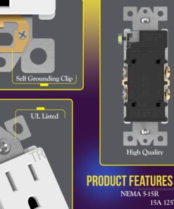 Alternative view of ENERLITES Decorator Receptacle, Tamper-Resistant Wall Outlet, Gloss Finish, Residential Grade, 3-Wire, Self-Grounding, 2-Pole, 15A 125V, UL Listed, 61501-TR-W-40PCS, White (40 Pack) Wall Plate Not Included 40