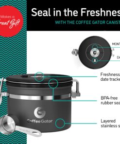 Coffee Gator Stainless Steel Canister - Small 11oz, Silver Coffee Grounds and Beans Container with Date-Tracker, CO2-Release Valve, and Measuring Scoop - Ideal Coffee Lovers Gifts for Her 12 81YUUPQXFyL