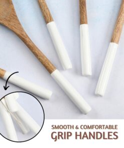 Folkulture Wooden Spoons for Cooking Set for Kitchen, Non Stick Cookware Tools or Utensils Includes Wooden Spoon, Spatula, Fork, Slotted Turner, Corner Spoon, Set of 5, 12 Inch, Acacia Wood (White) White 23 81YYGGzuZPL