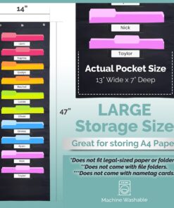 Black Pocket Chart for Classroom - 10 Pocket Storage Rainbow Pocket Charts , 3 Over Door Hangers Included, Hanging Wall File Organizer for File Folders, School Mailbox, Home/Office Papers Black - (10 Name Tag Pockets) 18 81Ya2h0bZoL
