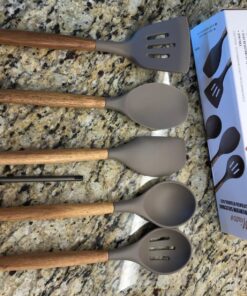 Miusco Non-Stick Silicone Kitchen Utensils Set with Natural Acacia Hard Wood Handle, 5 Pieces, Grey, BPA Free, Baking, Serving and Cooking Utensils Gray 48 81Z ZmfZnRL